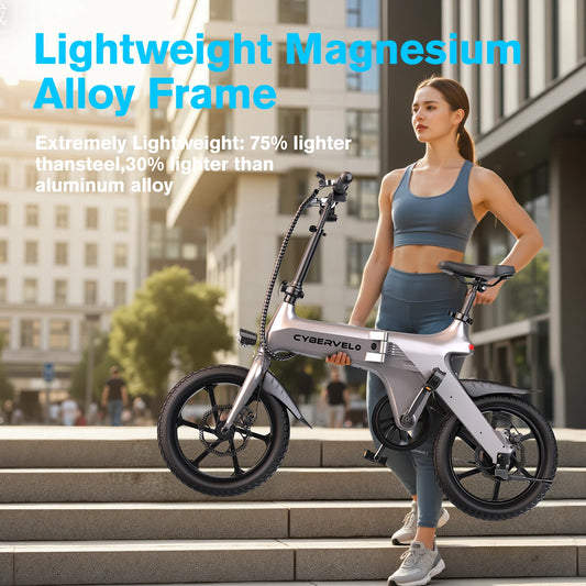 Cybervelo 500W Peak Motor, Foldable Ultra light weight City Commuter, Adult Travel Electric Bike, 20MPH Long Range Pas Bike EK13