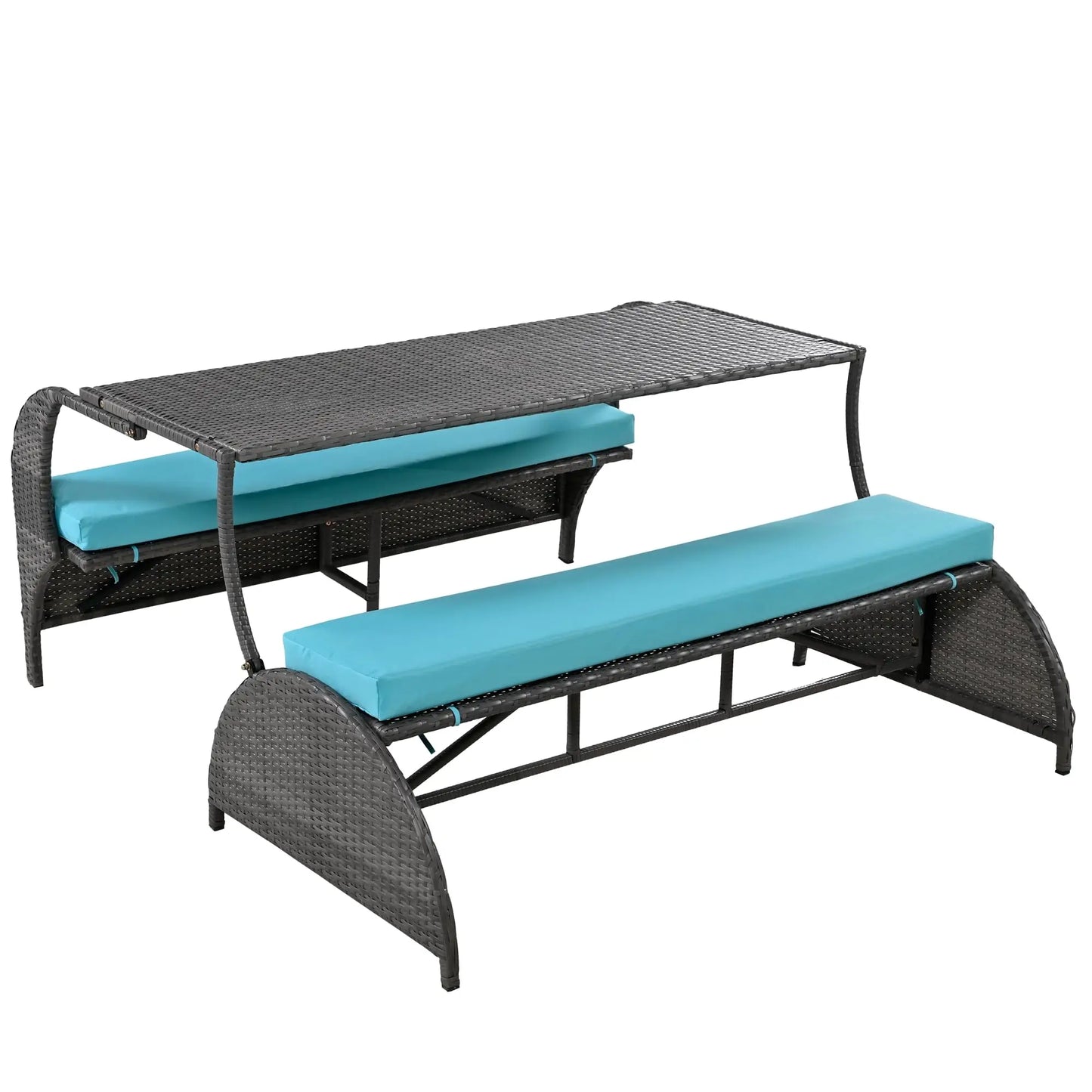 Outdoor Rattan Loveseat Convertible Picnic Upholstered Bench Table For Patio Garden Lawn Convertible to 4 Seats and 1 Table