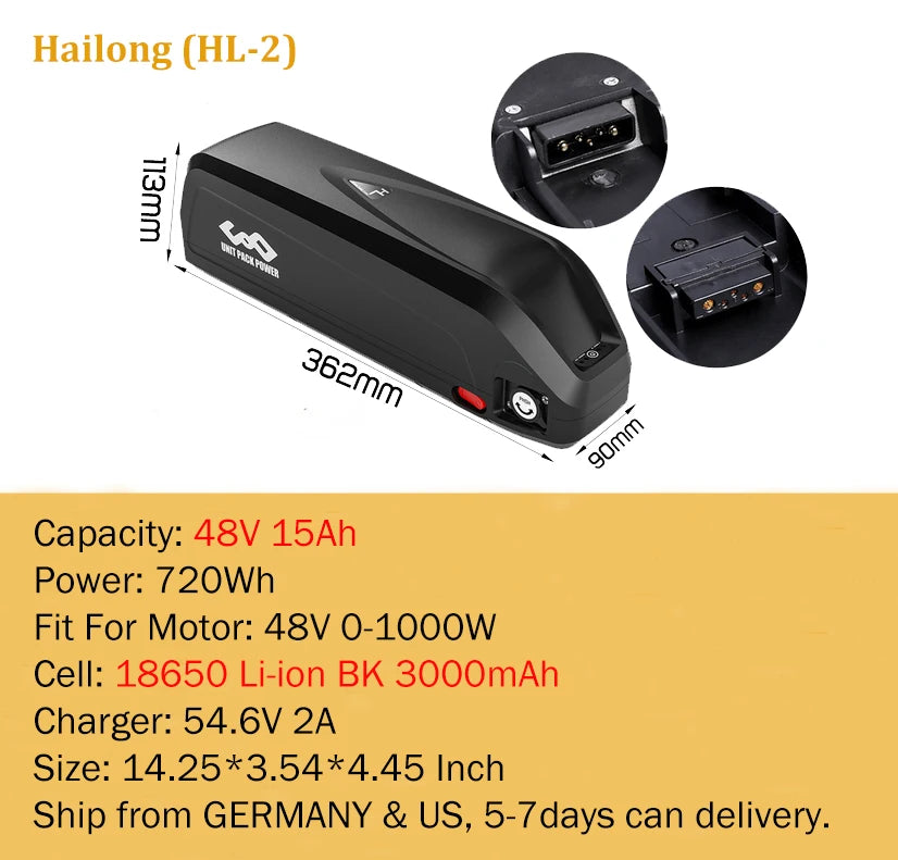 21700 Ebike Battery Hailong Polly 36V 48V 20Ah 30Ah 25Ah 18650 Cell Electric Bike Batteria 14.4ah for500W 750W 1000W 1500W Motor