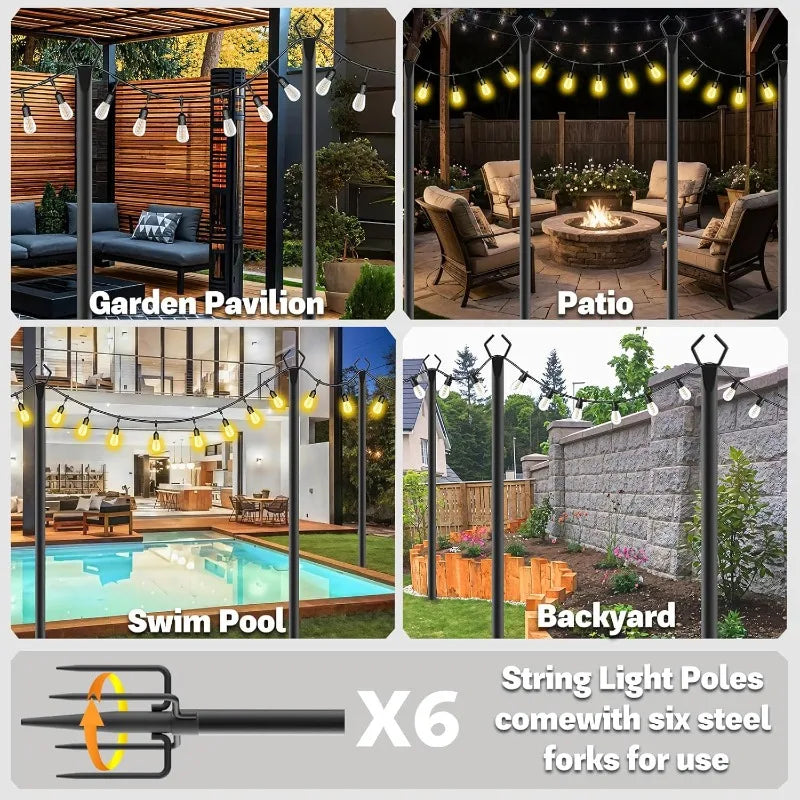 6 Pack 10 ft Heavy Duty Metal String Light Poles Adjustable Outdoor Lighting Stand for Patio,Backyard,Garden,Party & Wedding