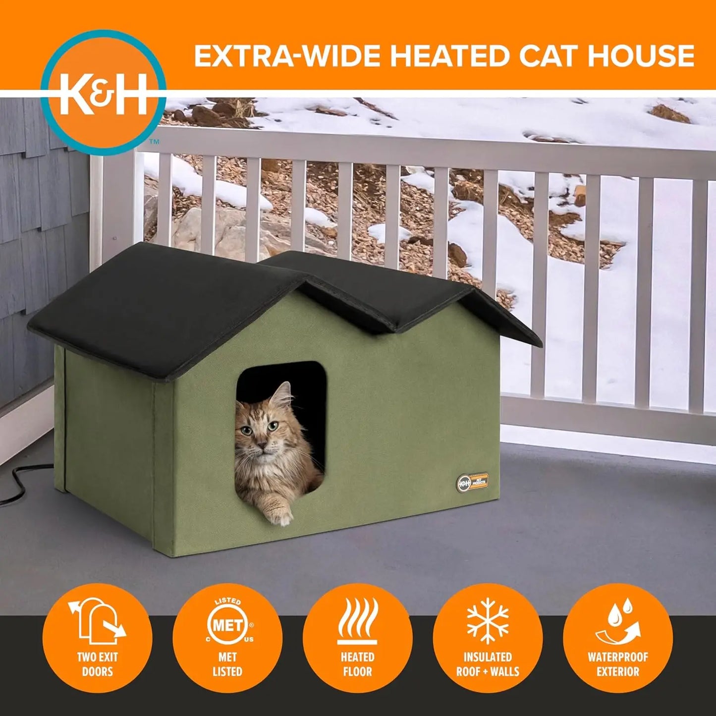 Extra-Wide Heated Outdoor Cat House with 2 Escape Doors, Insulated Weatherproof Shelter and Waterproof Heated Bed - Olive