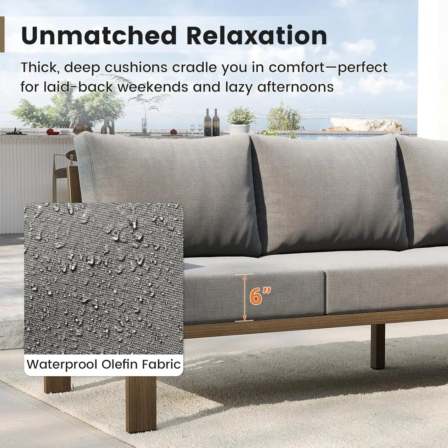 6 Piece Patio Furniture Set, Faux Wood Metal Outdoor Sectional Sofa with 6" Thick Olefin Cushions, Backyard Dark Grey