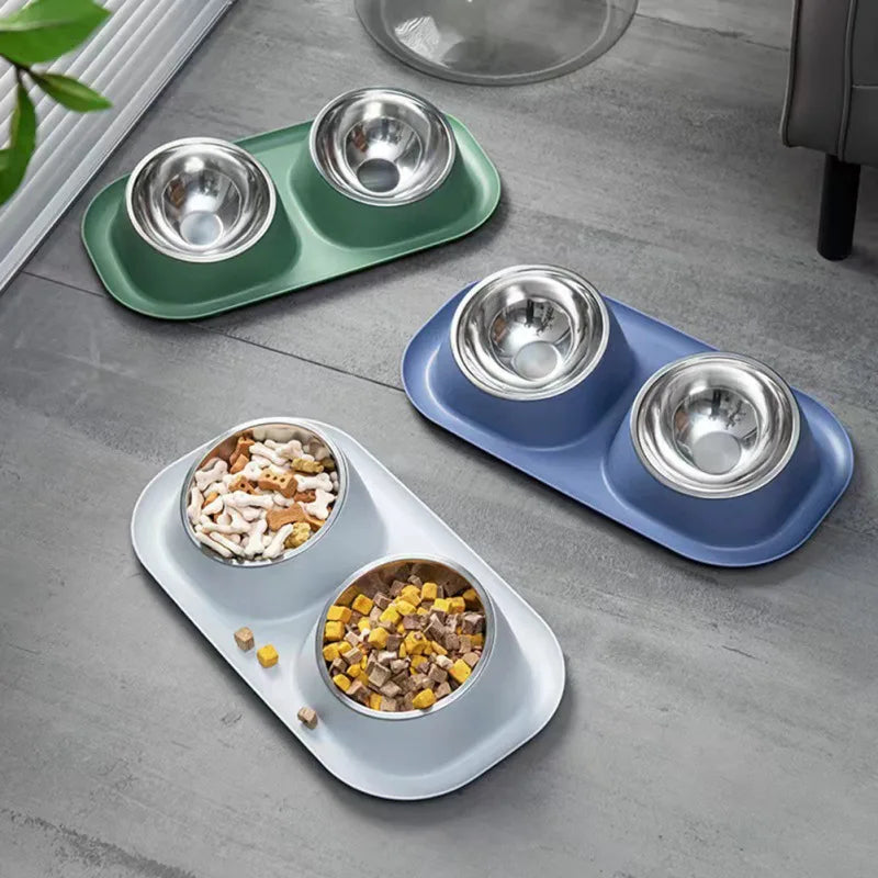 Stainless Steel Double Cat Dog Bowl Cat Food Container Plastic Non-slip Base Pet Water Feeder Tilt Safeguard Neck Puppy Cat Bowl