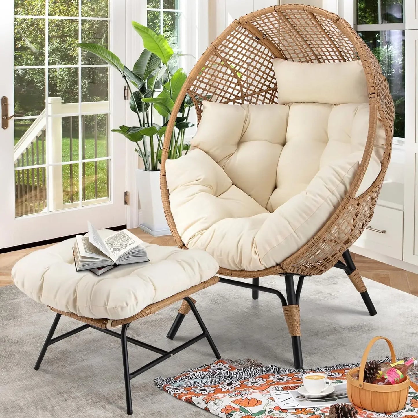 Egg Chair with Footrest, Wicker Patio Lounger with Ottoman, Oversized Rattan Egg Shaped Chair with Leg for Indoor Outdoor