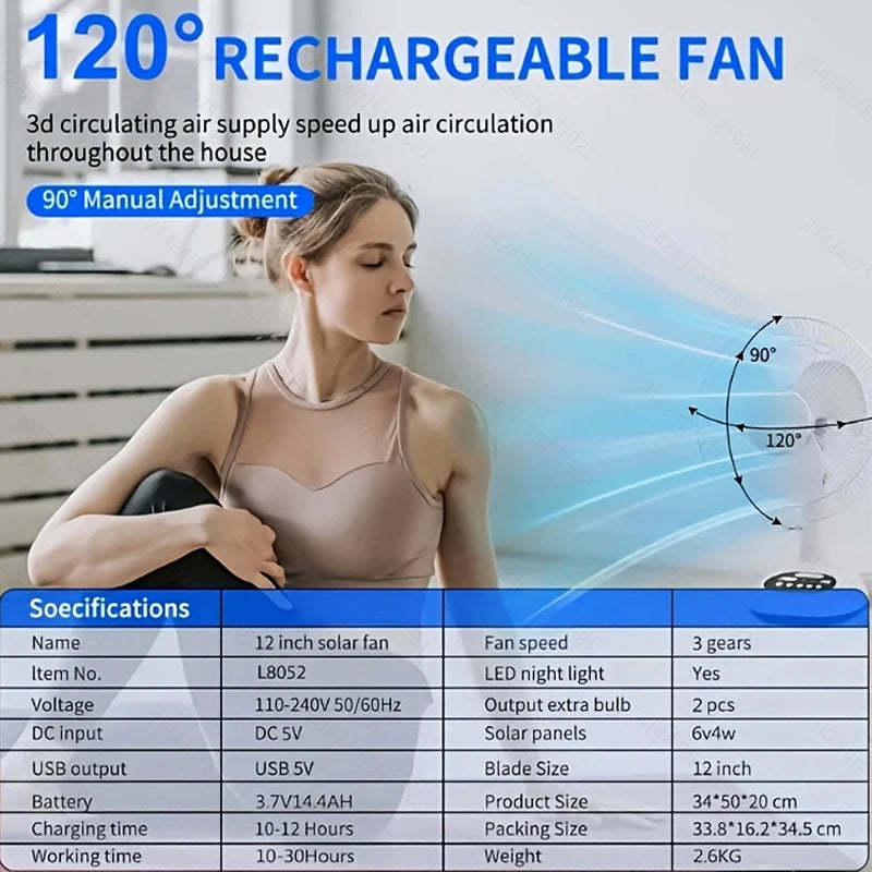 1pcs 12 inch 14400mAh battery capacity portable solar charging fan with 2 bulbs with LED lighting and USB phone charging