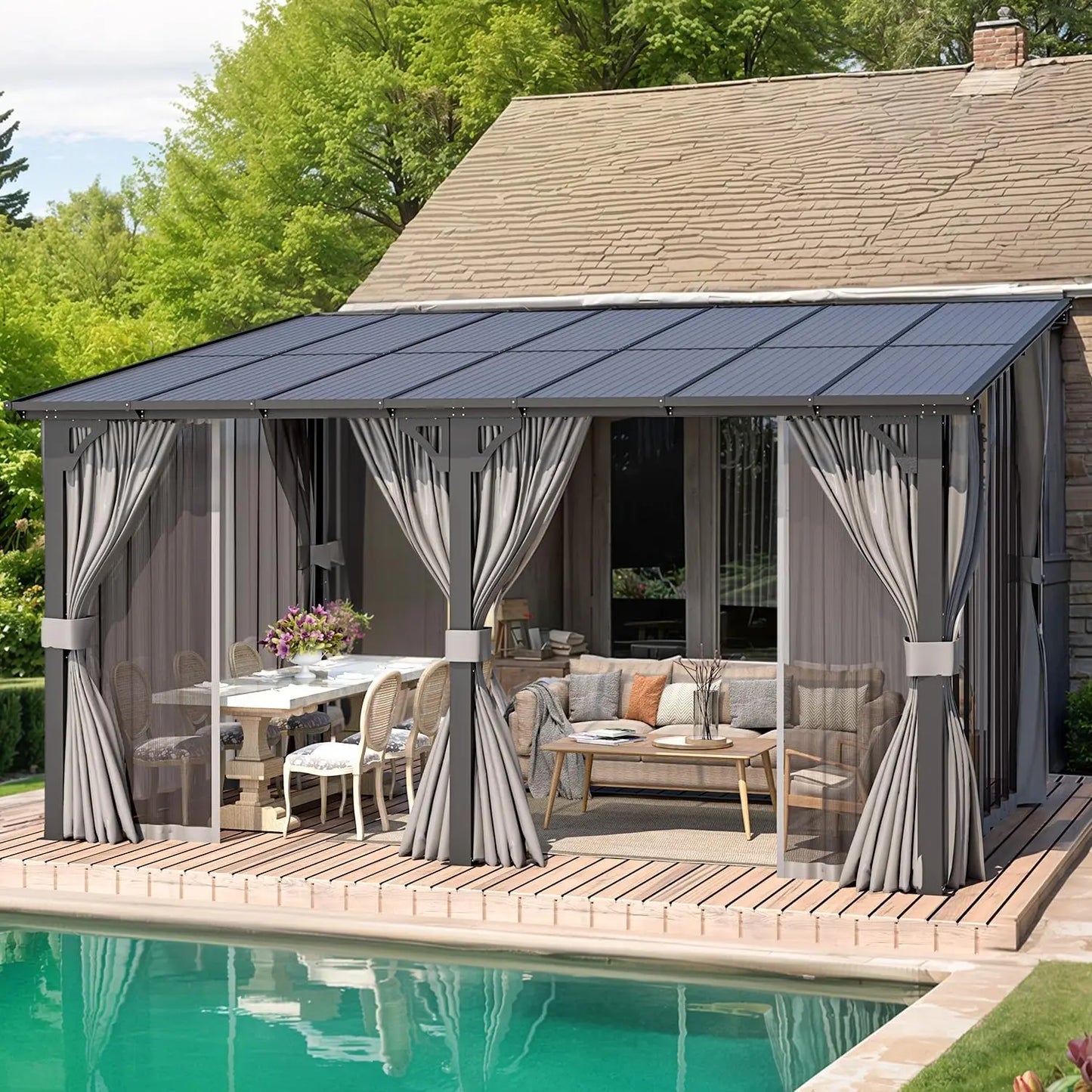 14' X 10' Gazebo, Hard Top Lean To Gazebo Pergola with Curtains and Mosquito Netting, Large Wall-Mounted Heavy Duty Awnings
