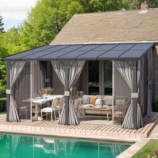 14' X 10' Gazebo, Hard Top Lean To Gazebo Pergola with Curtains and Mosquito Netting, Large Wall-Mounted Heavy Duty Awnings