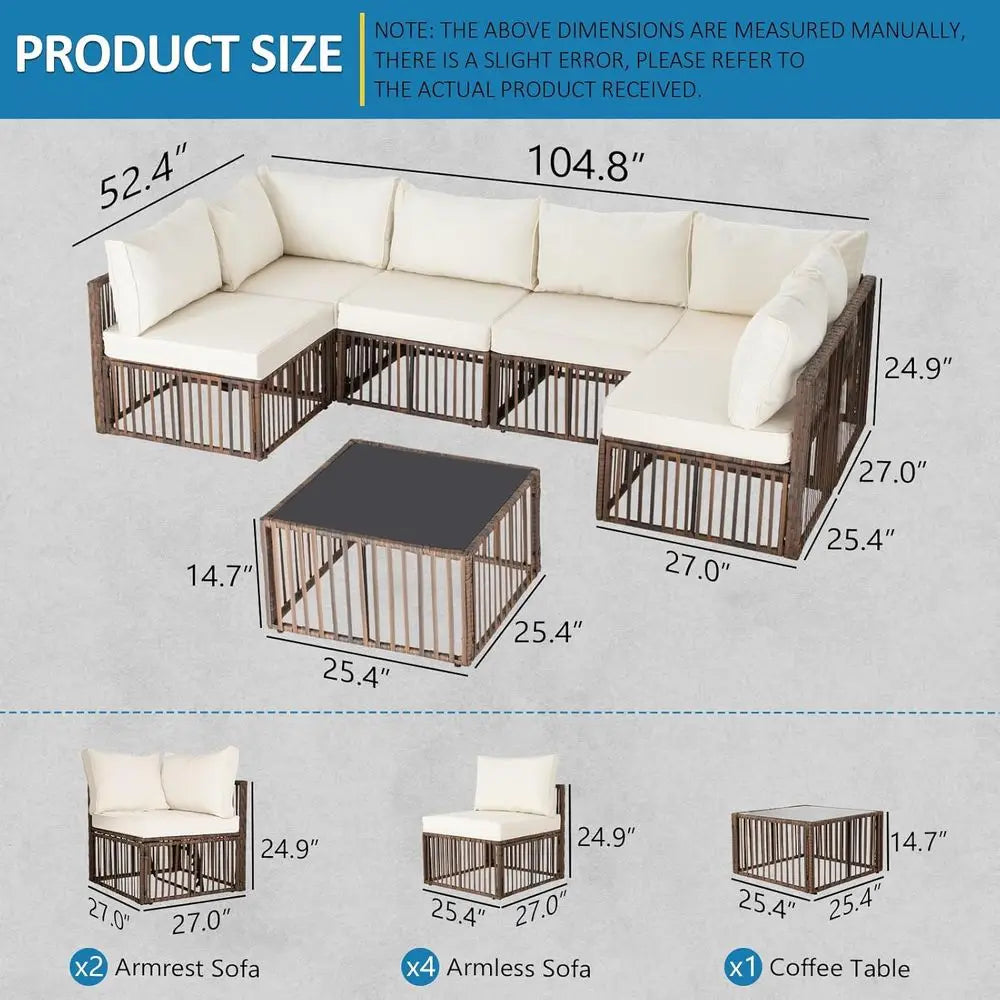7-Piece Wicker Outdoor Patio Sectional Sofa Set with Cushions for Garden, Porch, Poolside - Brown/Beige