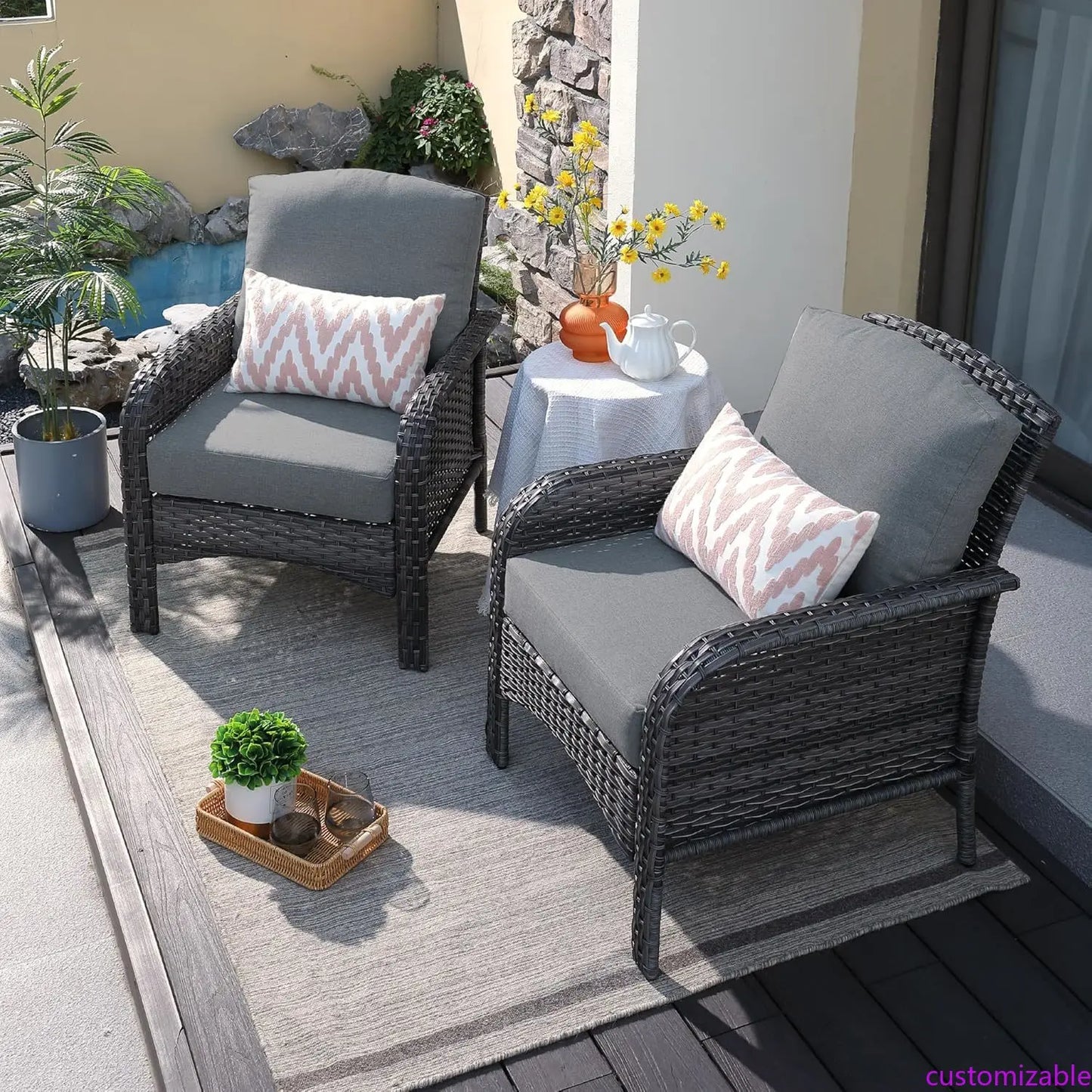 2 Pieces Patio Furniture Set, Outdoor Wicker Chairs of 2, All Weather High Back Rattan Chairs 2-Seater with Comfy