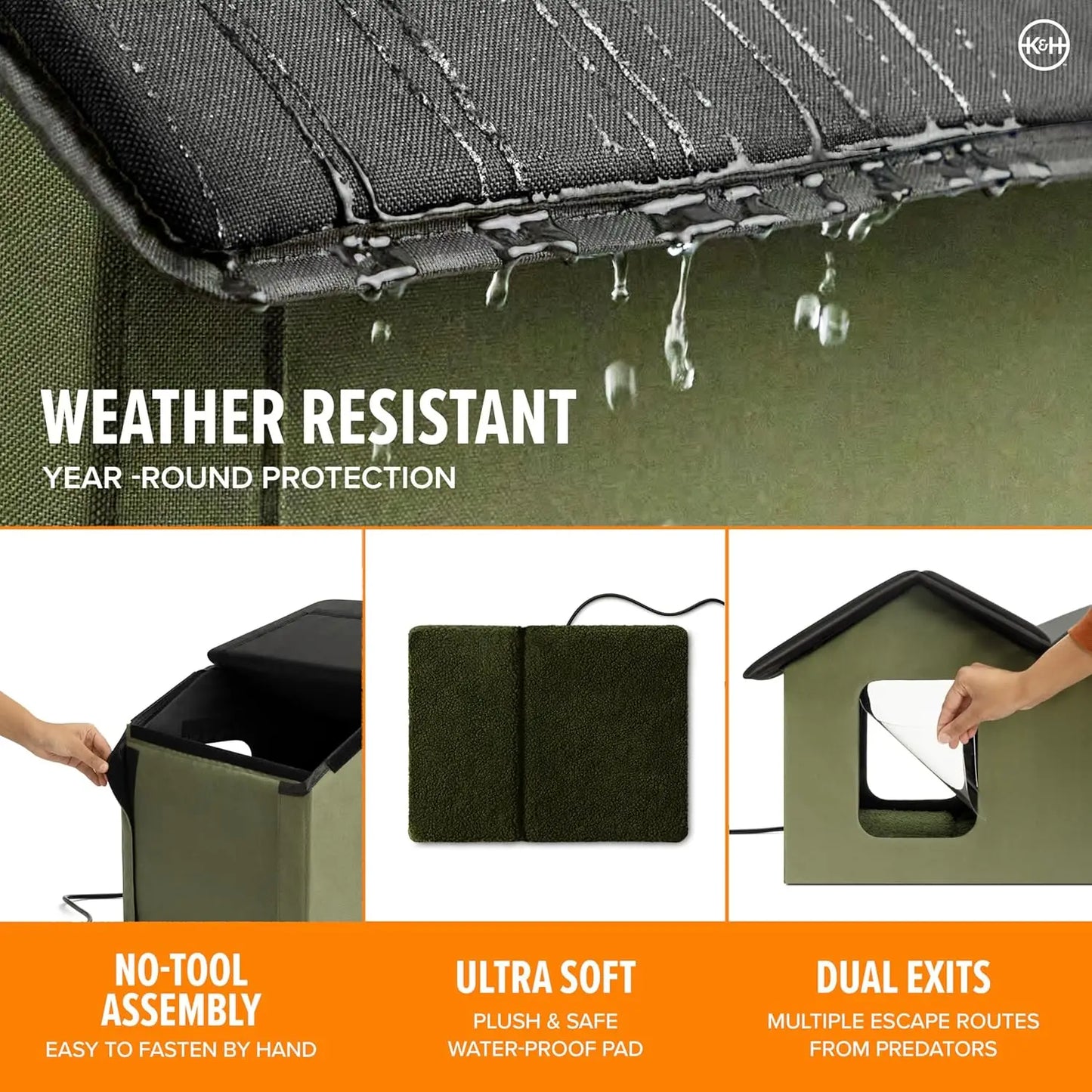 Extra-Wide Heated Outdoor Cat House with 2 Escape Doors, Insulated Weatherproof Shelter and Waterproof Heated Bed - Olive