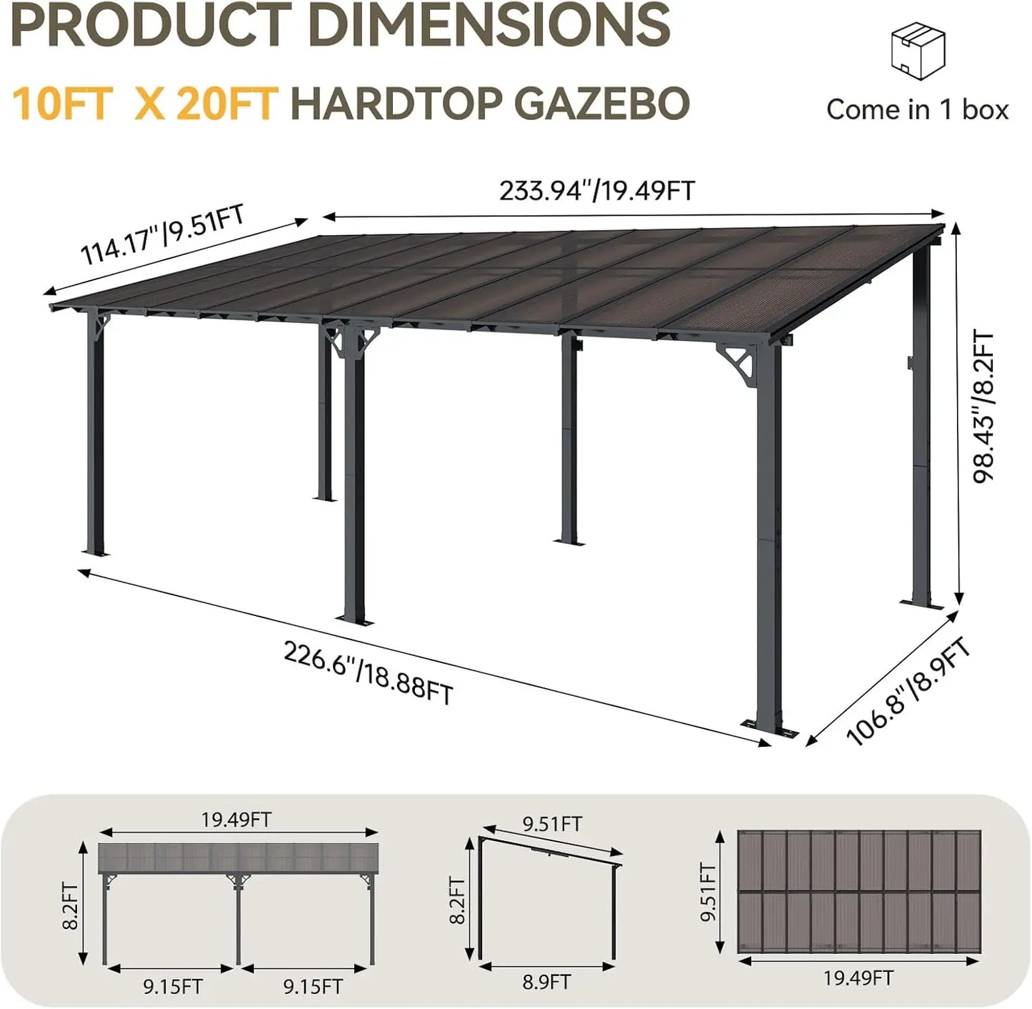 20' X 10' Gazebo for Patio, Gazebo Pergola with Sloped Roof, Large Wall-Mounted Heavy Duty Awnings, for Backyard, Deck, Patio
