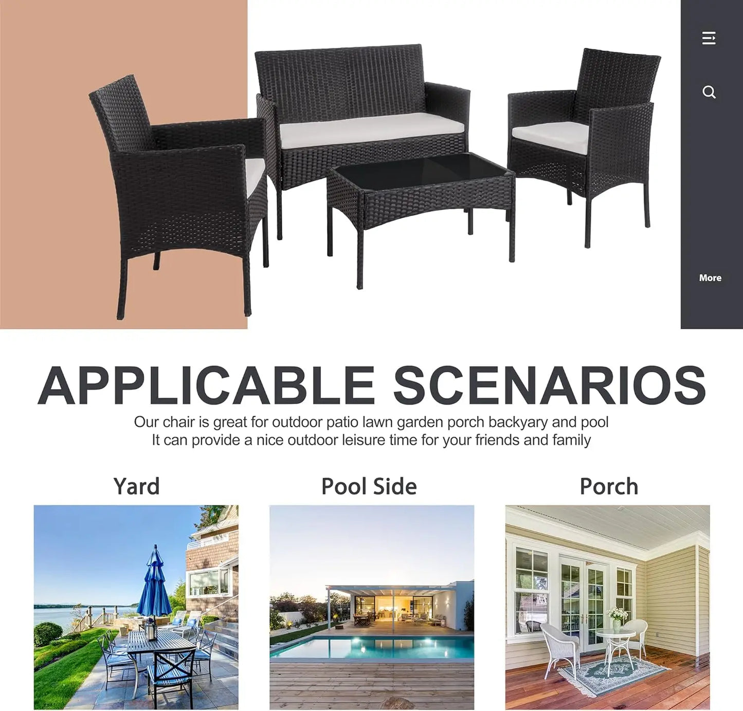 4 Piece Outdoor Patio Furniture Sets, Small Wicker Patio Conversation Furniture Rattan Chair Set with Tempered Glass Coffee Tabl