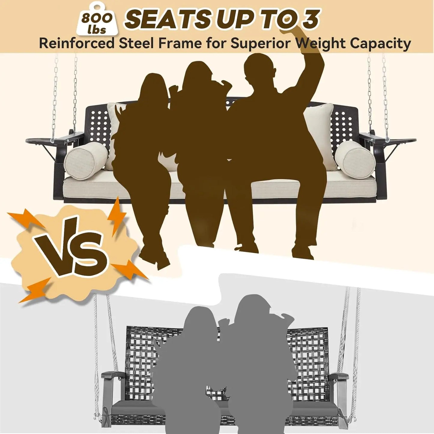 3 Seat Porch Swing, Patio Swing Bench with Cup Holders & 3 Back Cushions, Swing Chair with Chains for Deck Garden, Customized