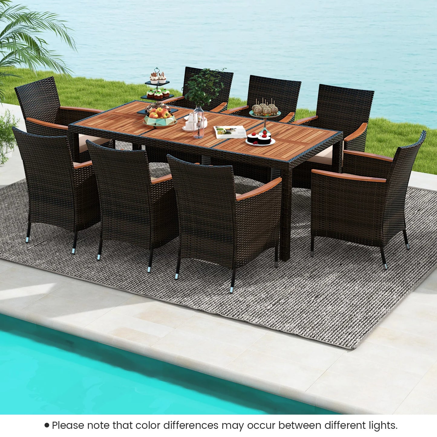 9PCS Patio Wicker Dining Set Acacia Wood Table Top Umbrella Hole Cushions Chairs