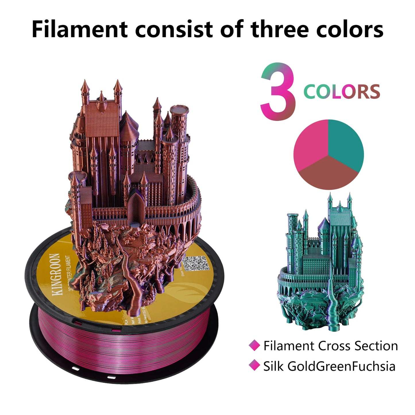 KINGROON Silk Tri-color PLA Filament 3D Printer 1.75mm 1KG/roll  Silk PLA Filament Plastic Material 3D Printing Special Color