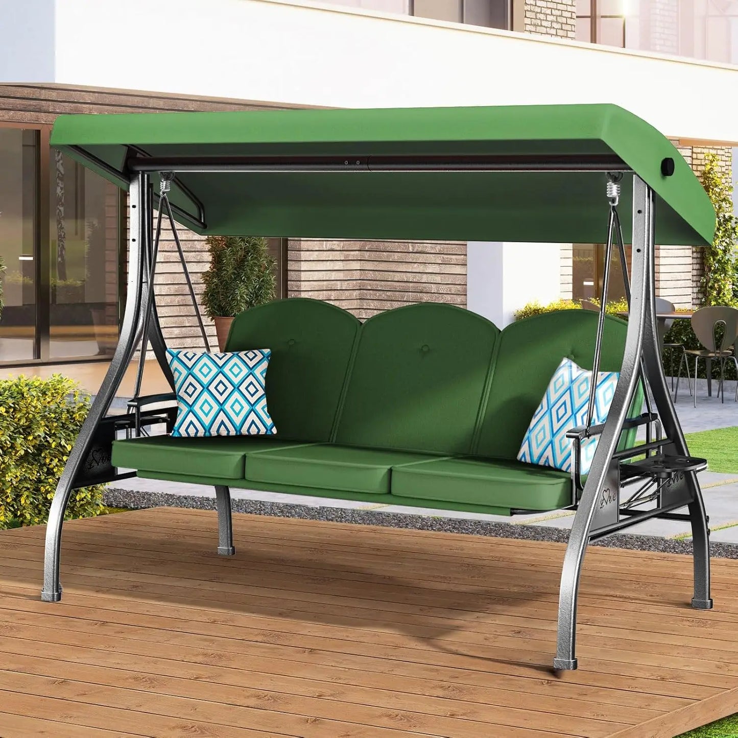 3 Seat Outdoor Patio Swing with Stand 800lbs Capacity 2-in-1 Convertible Swing Bed Adjustable Canopy Removable Customized Porch