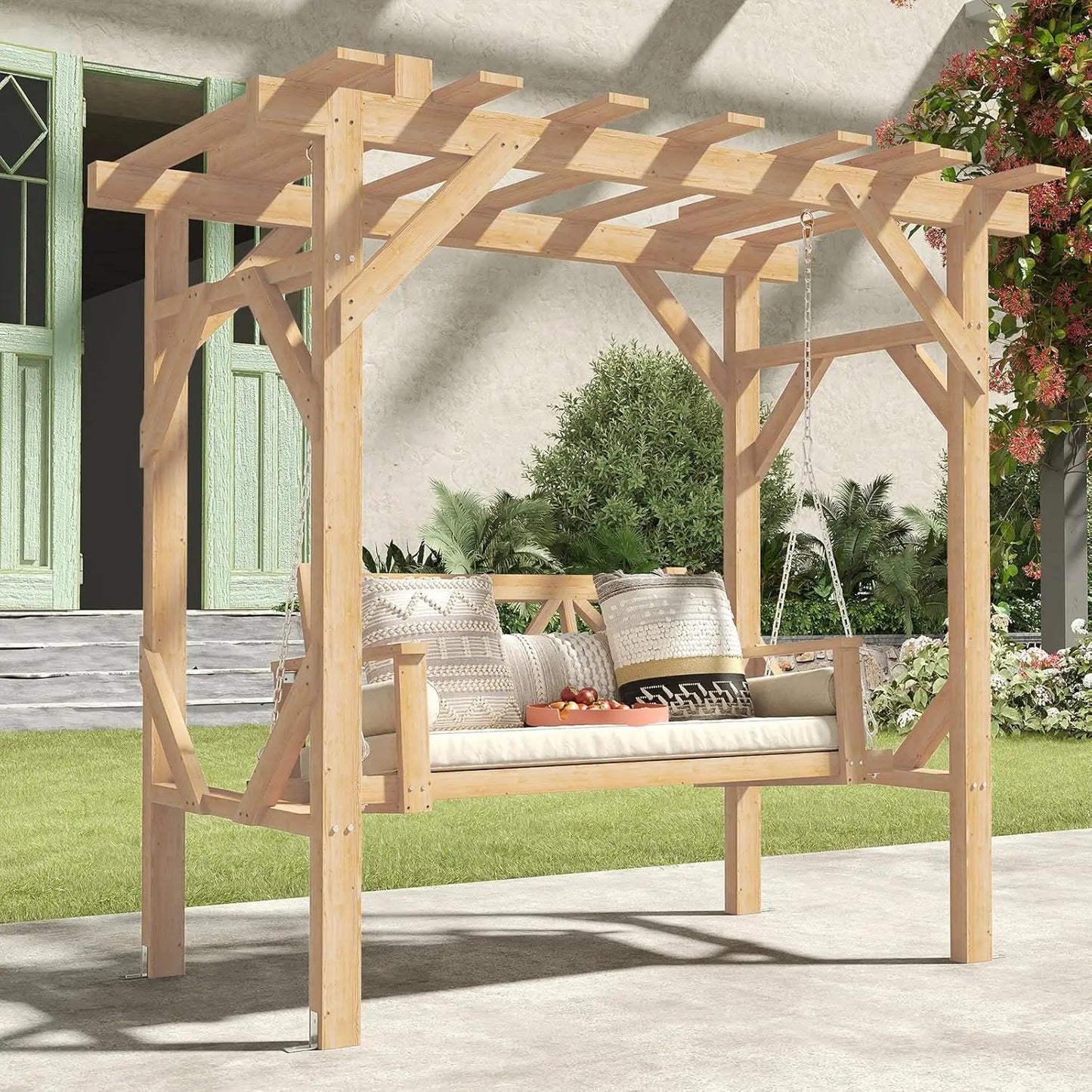2026 New：Cedar Wood Outdoor Pergola Swing, Porch Swing with Stand, 3-Hammock Patio Swing Set with Canopy，Metal