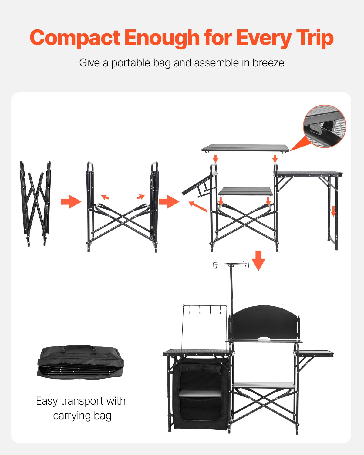 SucceBuy Camping Kitchen Table Folding Camp Cook Station Aluminum Portable Cook Station with Cupboard, Carrying Bag Windscreen