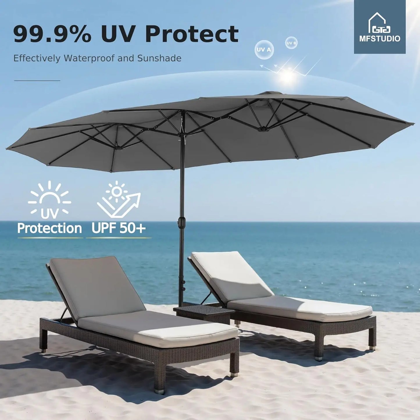 15ft Double Sided Patio Umbrella with Base Included, Outdoor Large Rectangular Market Umbrellas with Crank Handle, Customized