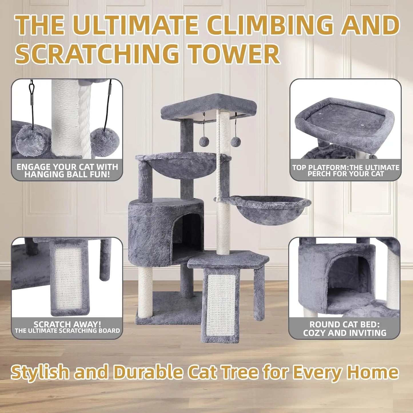 Three-Tier Cat Tree with Condo and Hammocks, Gray - Durable Faux Fur & Sisal Posts for Play and Rest