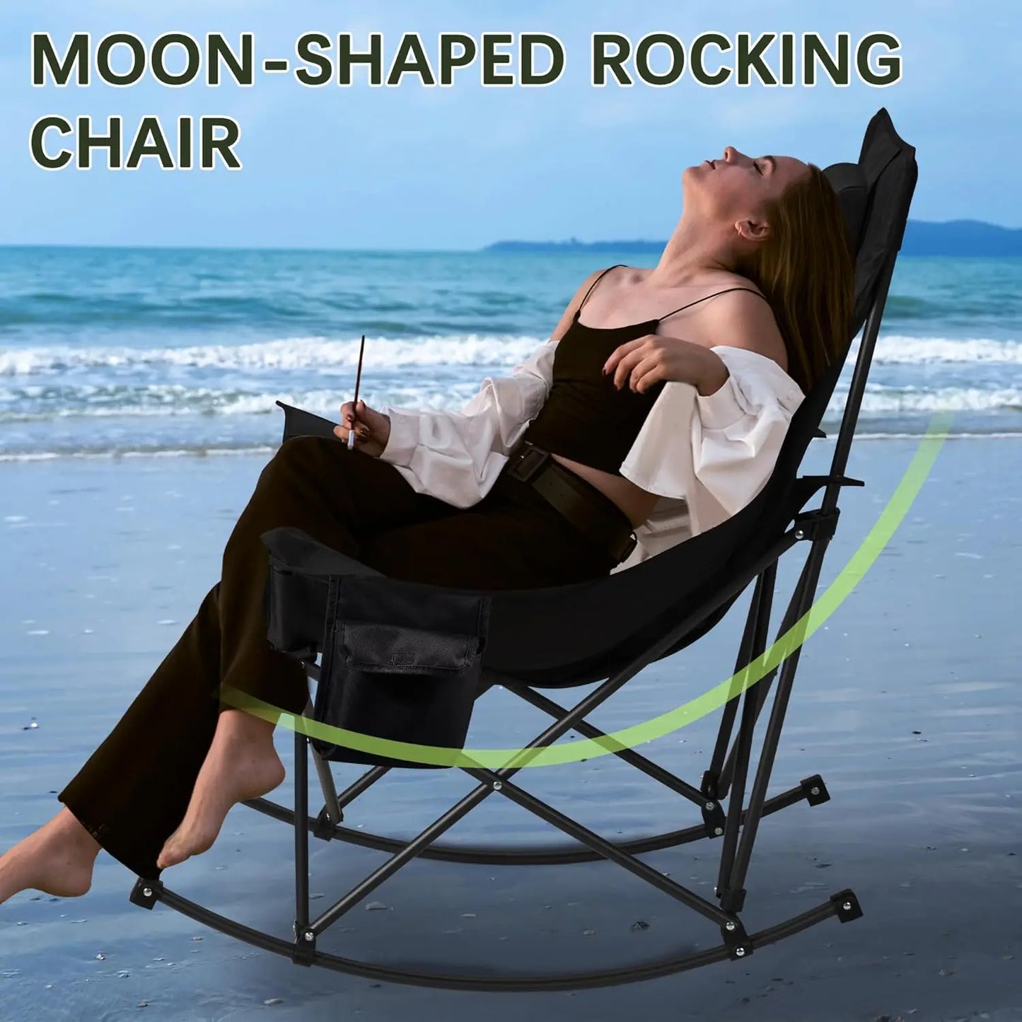 Oversized Rocking Camping Chair with Headrest & Cup Holder, 400lbs Capacity, Easy Fold Portable for Outdoor