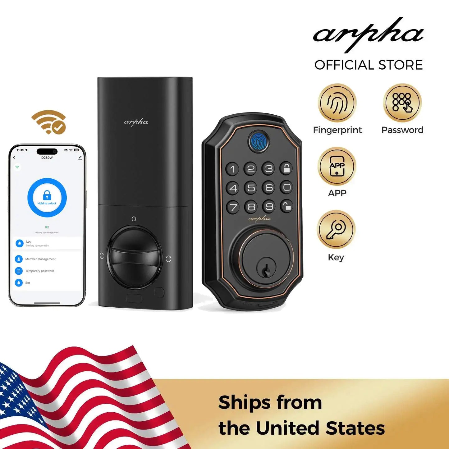 Arpha D280W WIFI Keyless Entry Door Lock 5-in-1 Smart Fingerprint Deadbolt w/ Keypad Electronic Deadbolt Auto-Lock One Touch Loc