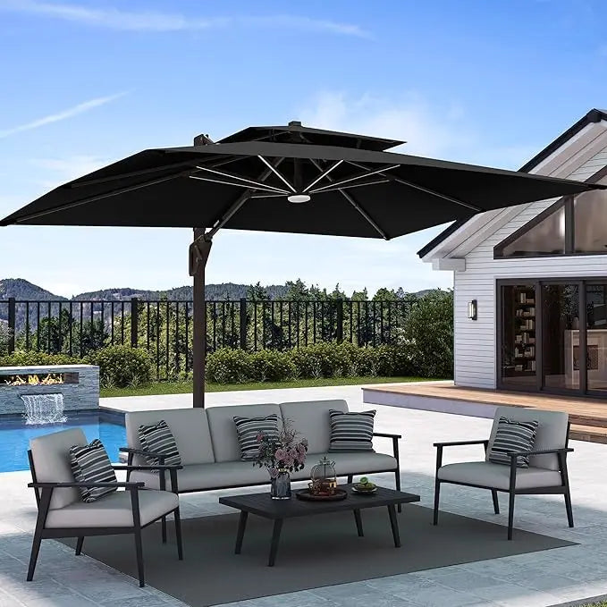 9' X 12' Patio Umbrella with LED Lights Outdoor Cantilever Large Rectangle Offset Umbrellas Heavy Duty Aluminum Double Top with