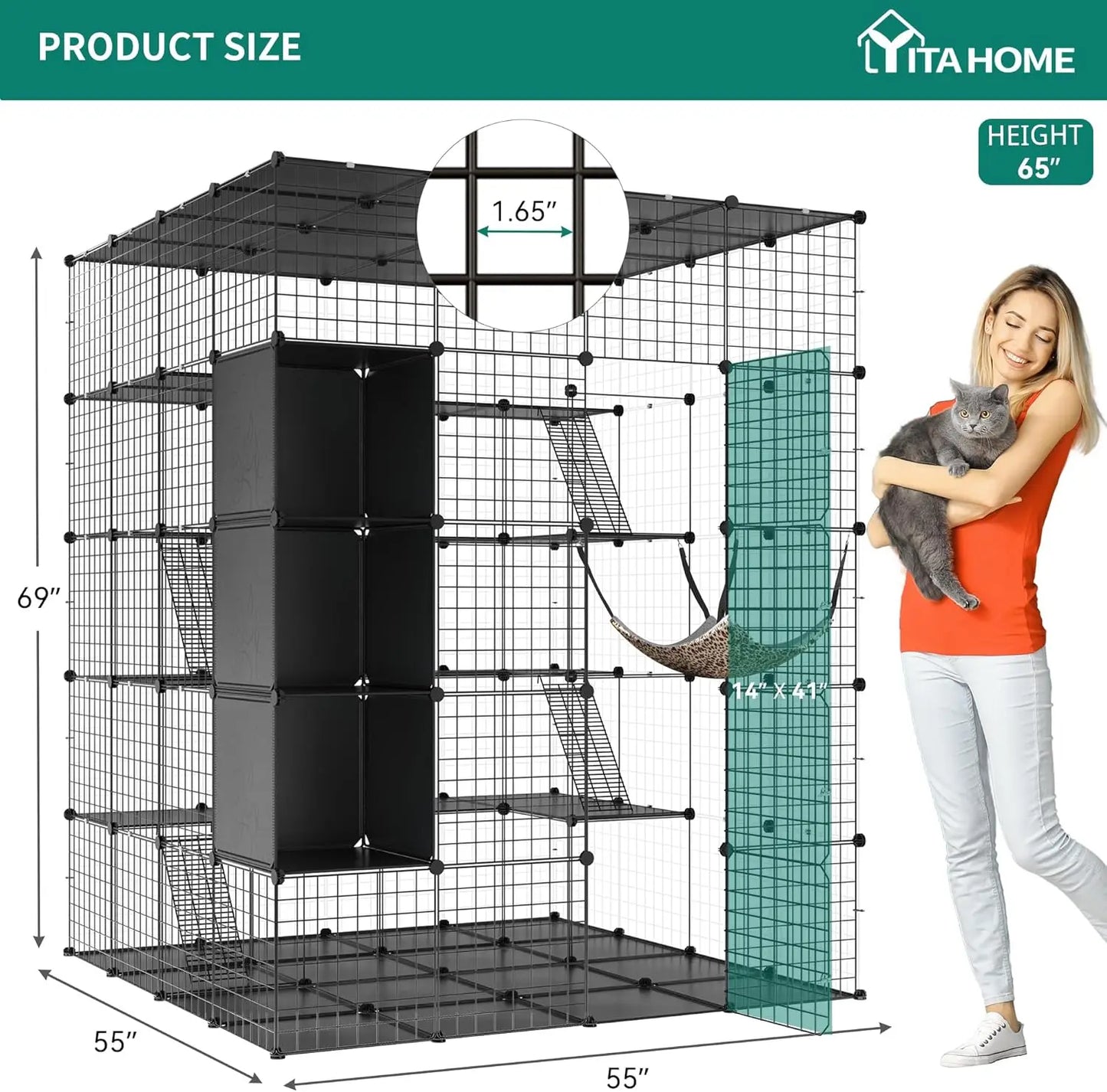 Large Indoor Cat Cage with Hammock and Storage, DIY Outdoor Enclosure for Multiple Cats, 5-Tier Metal Playpen