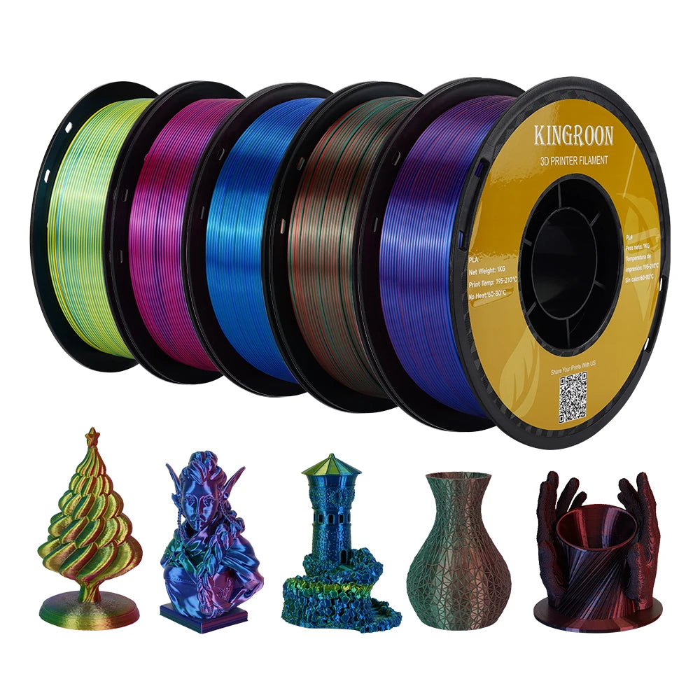 KINGROON Silk Tri-color PLA Filament 3D Printer 1.75mm 1KG/roll  Silk PLA Filament Plastic Material 3D Printing Special Color