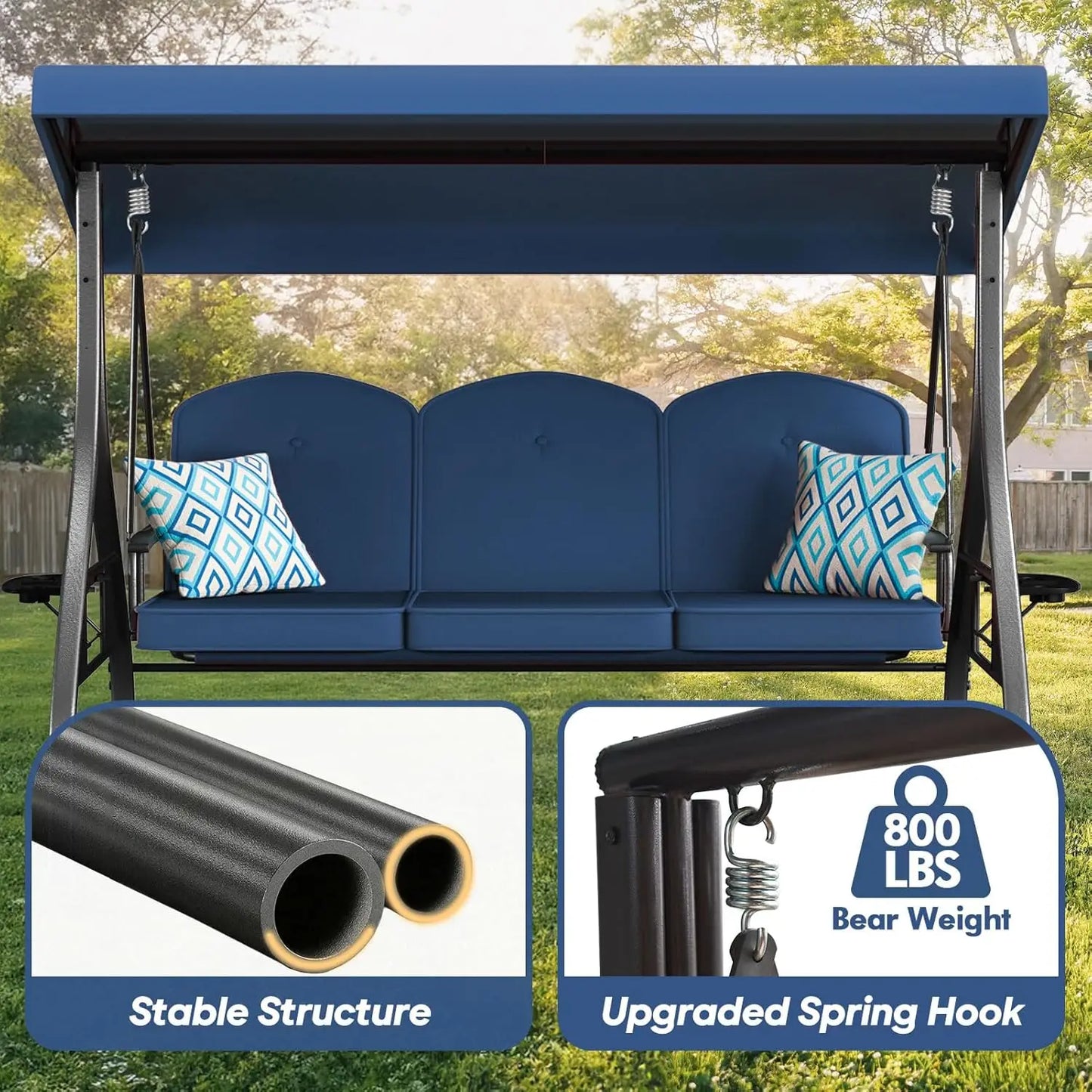 3 Seat Outdoor Patio Swing with Stand 800lbs Capacity 2-in-1 Convertible Swing Bed Adjustable Canopy Removable Customized Porch