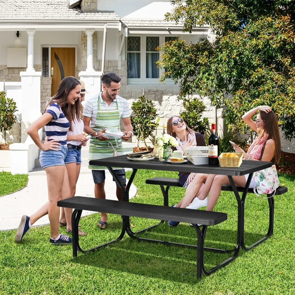Picnic Table, Resin Dining Table & 2 Benches Set, Weather Resistant Wood Grain Tabletop & Steel Frame, Plastic Picnic Tables