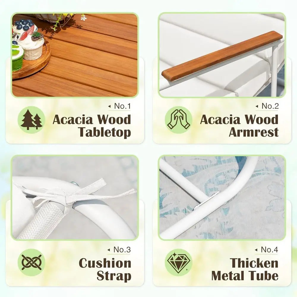 3 Piece Patio urniture Set, 2 All Weather Teslin Chaise Lounge Chairs with Acacia Wood Side Table, Outdoor Lounge or Porch Pools