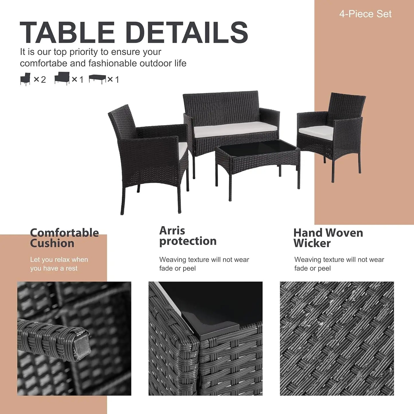 4 Piece Outdoor Patio Furniture Sets, Small Wicker Patio Conversation Furniture Rattan Chair Set with Tempered Glass Coffee Tabl