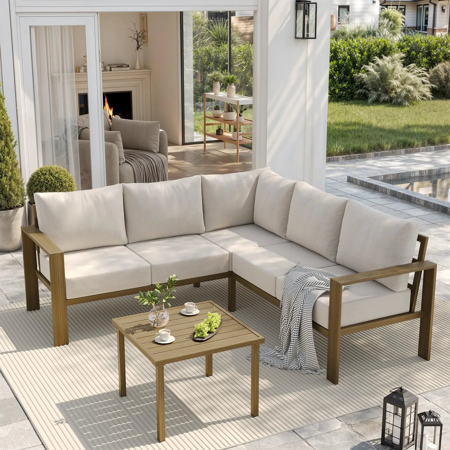 6 Piece Patio Furniture Set, Faux Wood Metal Outdoor Sectional Sofa with 6" Thick Olefin Cushions, Backyard Dark Grey