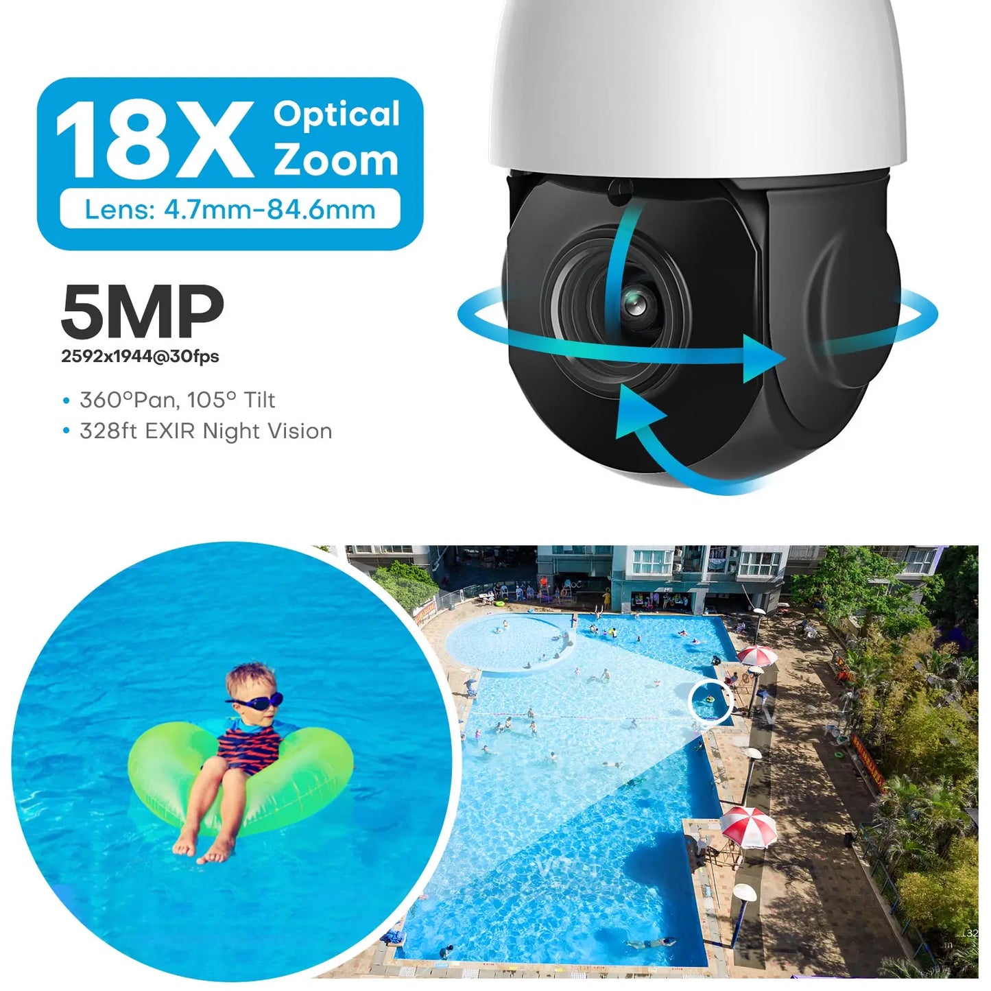 Hikvision Compatible 5MP 360° PTZ POE IP Outdoor Security Camera 18X Optical Zoom IR Night Varifocal len Speed Dome Surveillance
