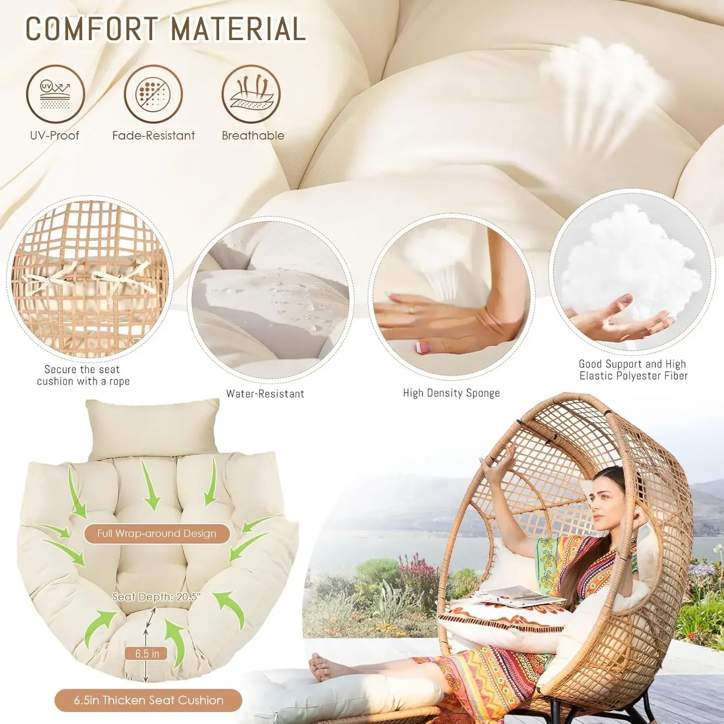 Egg Chair with Footrest, Wicker Patio Lounger with Ottoman, Oversized Rattan Egg Shaped Chair with Leg for Indoor Outdoor