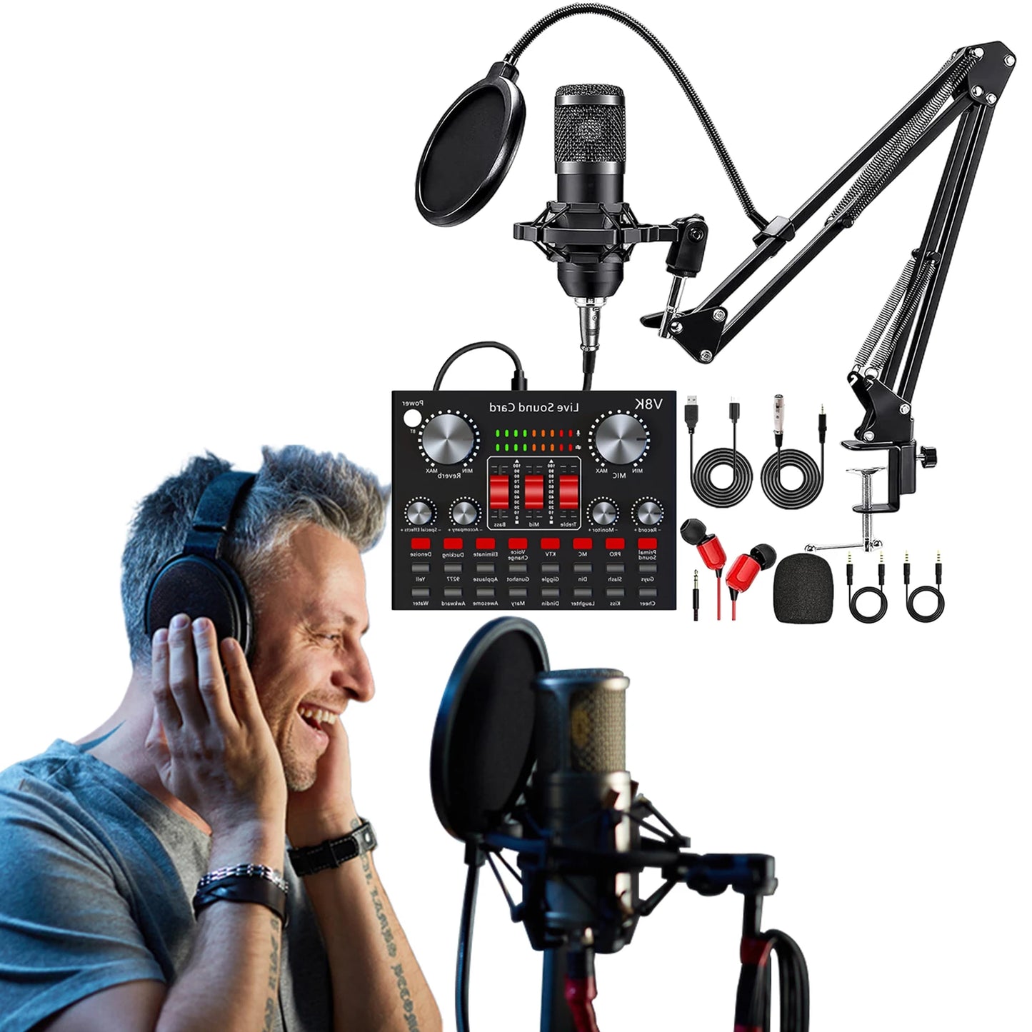 All-in-One Recording Studio Package Audio Mixer Podcast Equipment Bundle Voice Changer Microphone Kit for Live Streaming