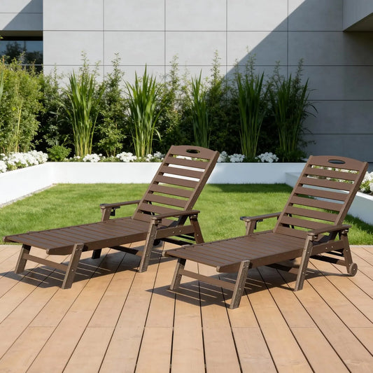 HDPE Outdoor Lounge Chairs Set of 2 Adjustable Pool Chaise Patio Sunbathing Tanning Brown Custom