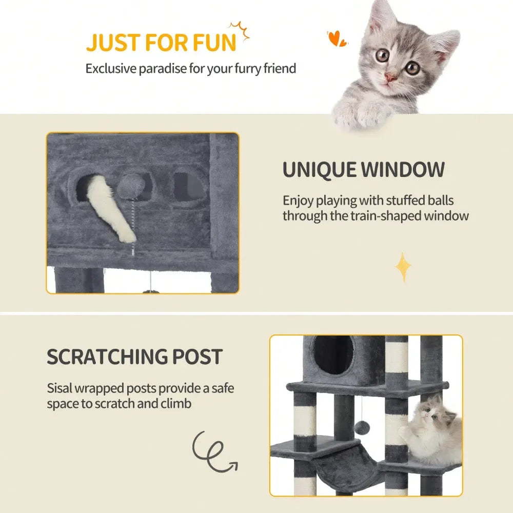 Cat Tree, 67 Large Tall Cat Tower For Indoor Cats, MultiLevel Cats House With Condo, 8 ching Posts, Hammock, 4 Pom Poms, L