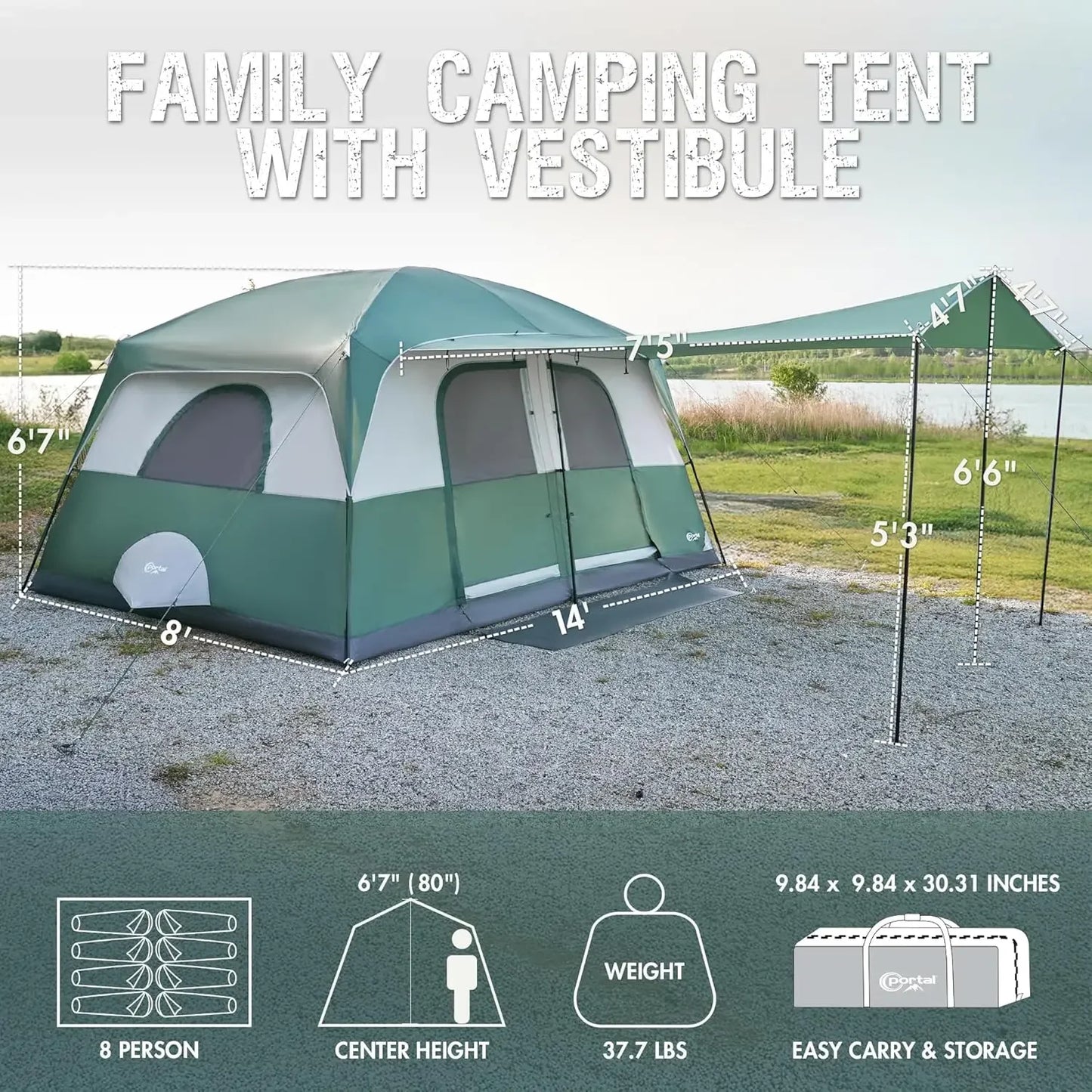 Bestseller8 Person Tents for Camping, Easy Setup Cabin Tent with Large Porch, 2 Room, Waterproof Family Camping Tent for Outdoor