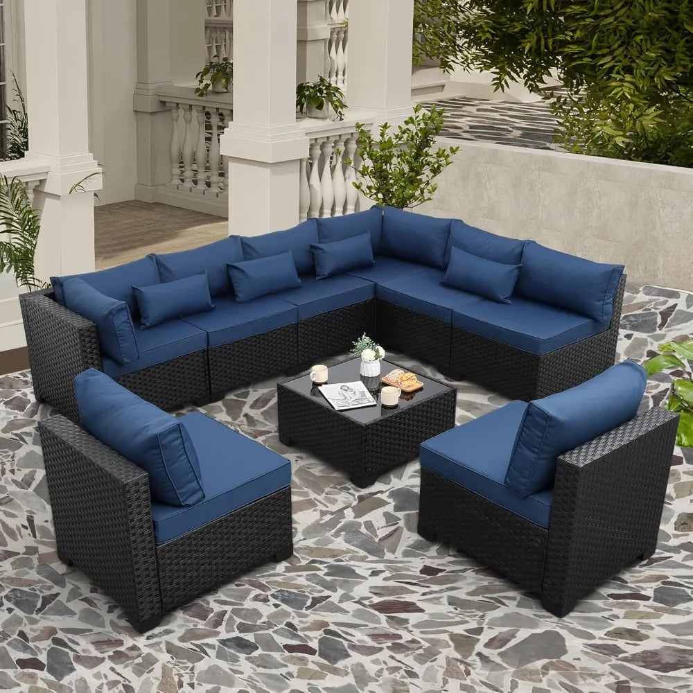9 Pieces Outdoor Sectional All-Weather Wicker Patio Furniture Set Patio Sectional and Glass Patio Table Non-Slip Cushions