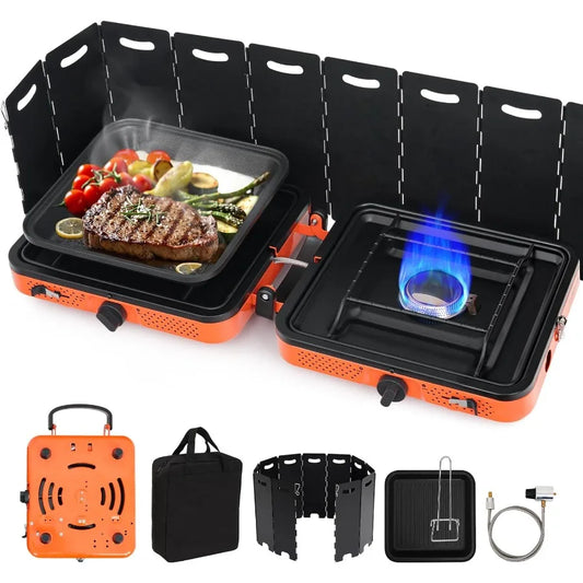 Portable Camping Stove with Windshield 17000 BTU 2 Burner Propane Stove Foldable Camp Stove for Camping Outdoor Cooking RV Trip