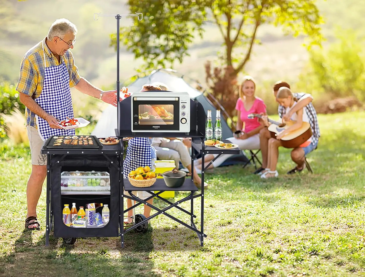 Portable Camping Kitchen Station with Light Stand & Windshield, Folding Table Organizers for Beach Picnic Outdoor Cooking