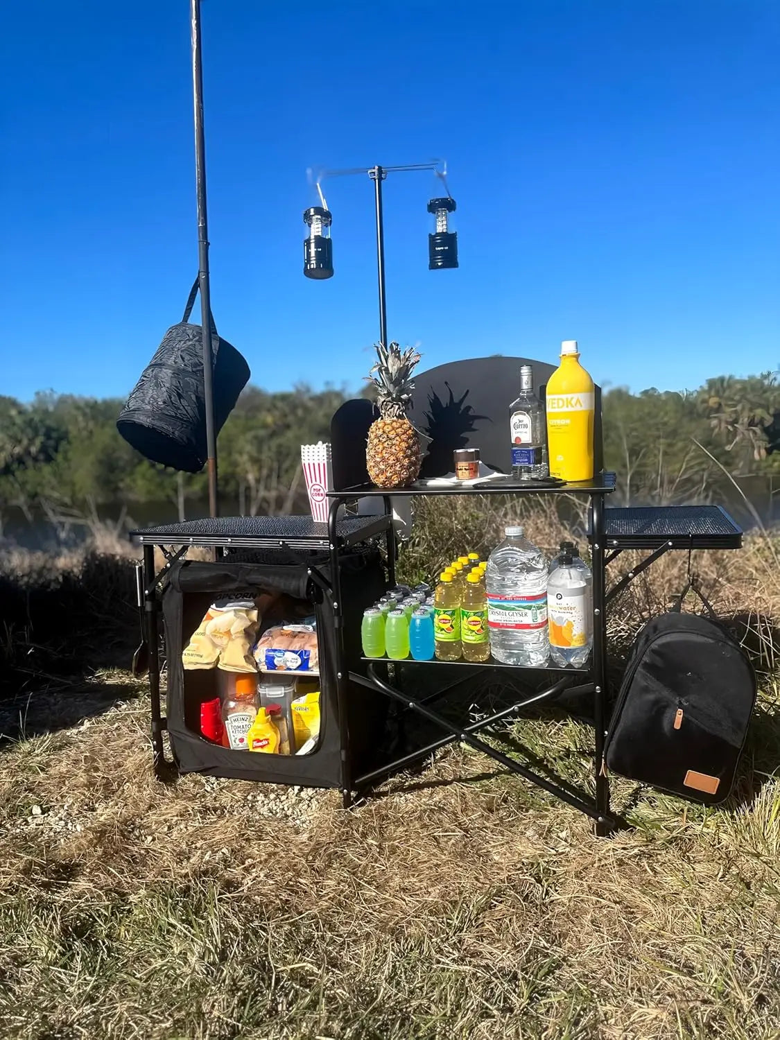 Portable Camping Kitchen Station with Light Stand & Windshield, Folding Table Organizers for Beach Picnic Outdoor Cooking