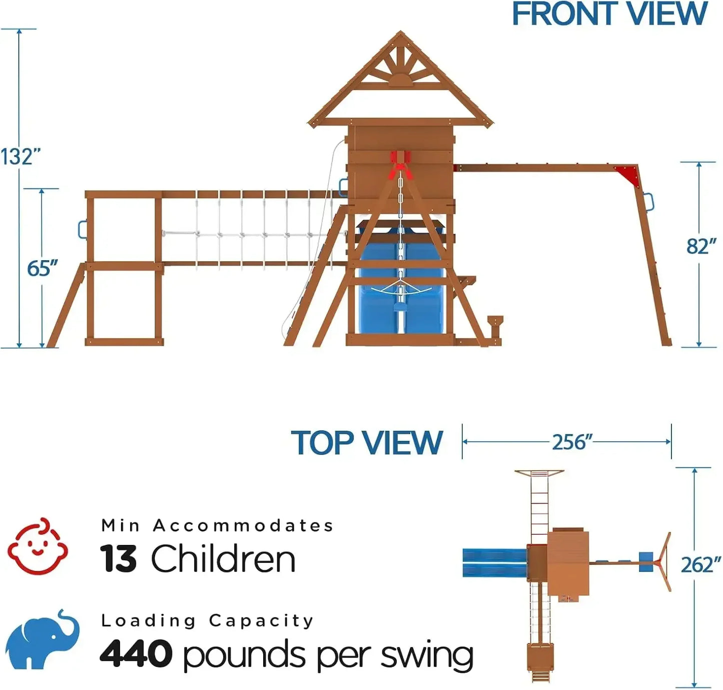 Swing Sets for Backyard with Plank Bridge, Wooden Playground Sets for Backyards with 2 Wave Slides, Monkey bar
