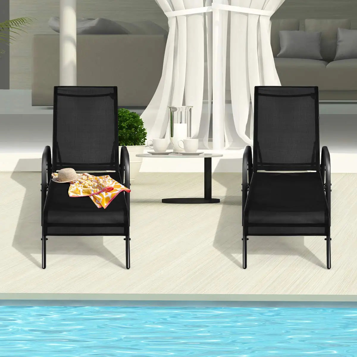 Adjustable Backrest Outdoor Lounge Chairs 2-Pack Reclining Patio Pool Steel Frame Beach Yard Balcony, Custom