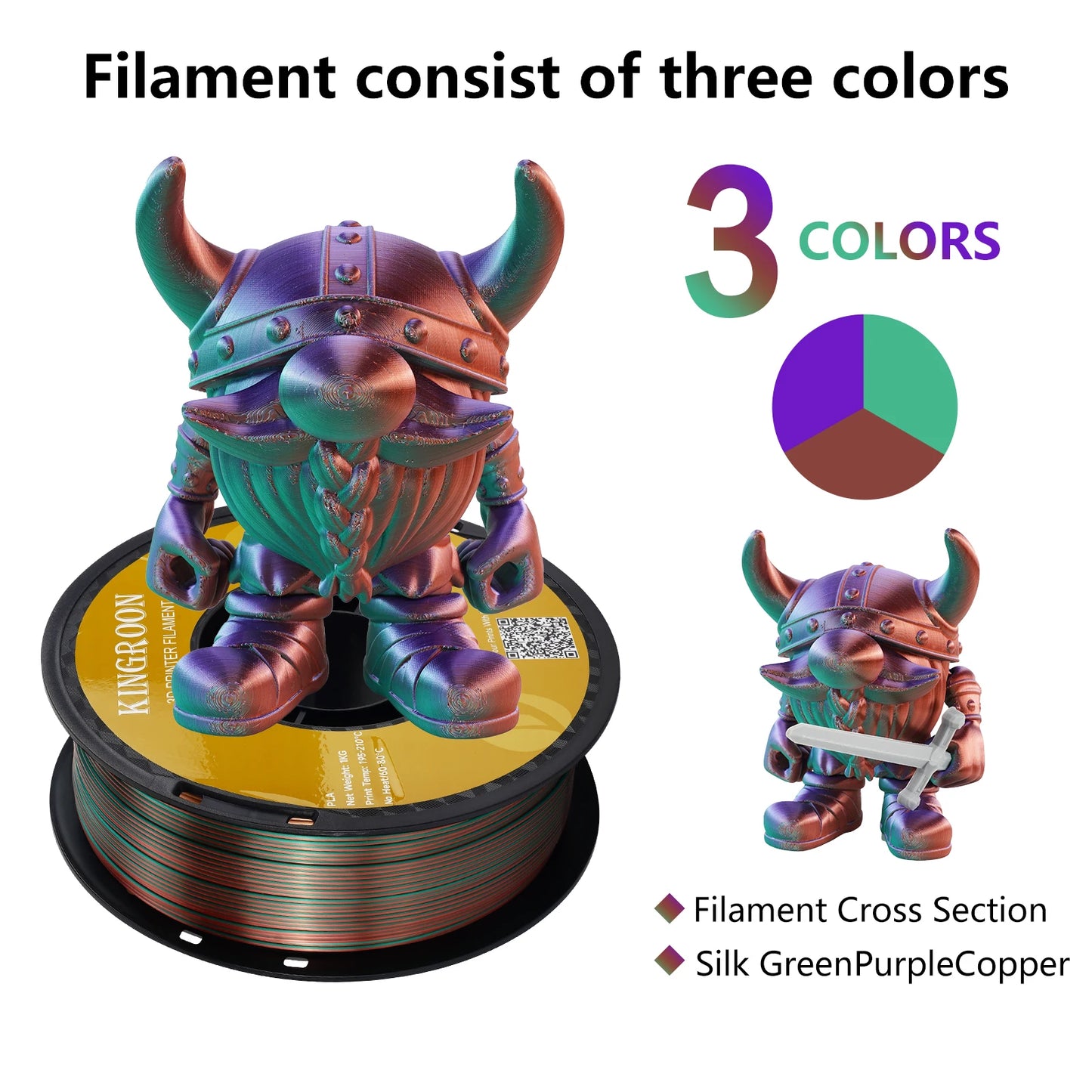 KINGROON Silk Tri-color PLA Filament 3D Printer 1.75mm 1KG/roll  Silk PLA Filament Plastic Material 3D Printing Special Color