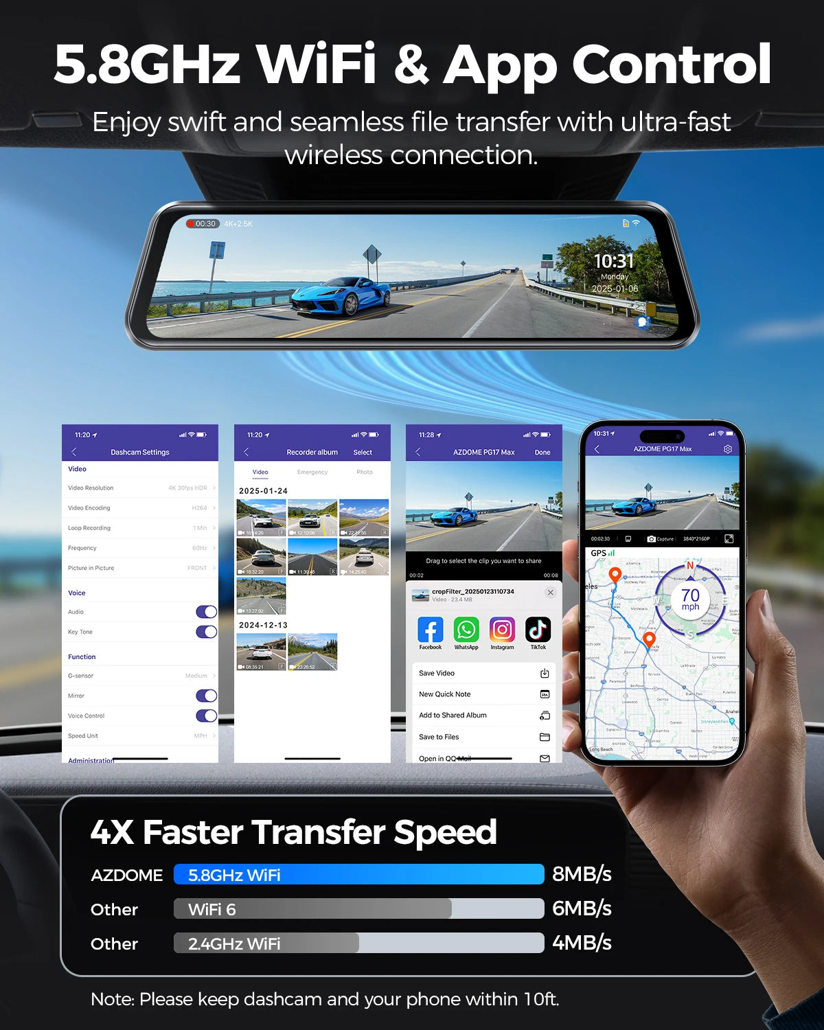 AZDOME PG17 Max 4K+2.5K Rearview Dash Cam 12'' Touch Screen Mirror Dash Cam with ADAS BSD LCA Car DVR Loop Recording 24H Parking