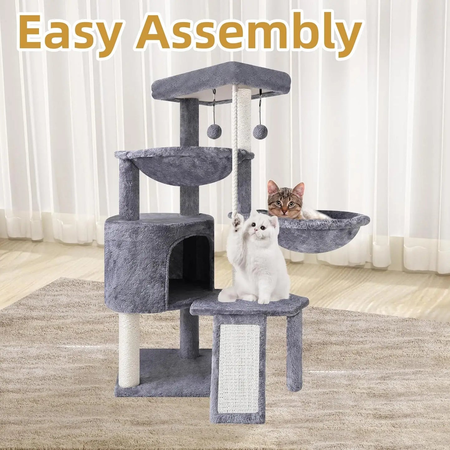 Three-Tier Cat Tree with Condo and Hammocks, Gray - Durable Faux Fur & Sisal Posts for Play and Rest