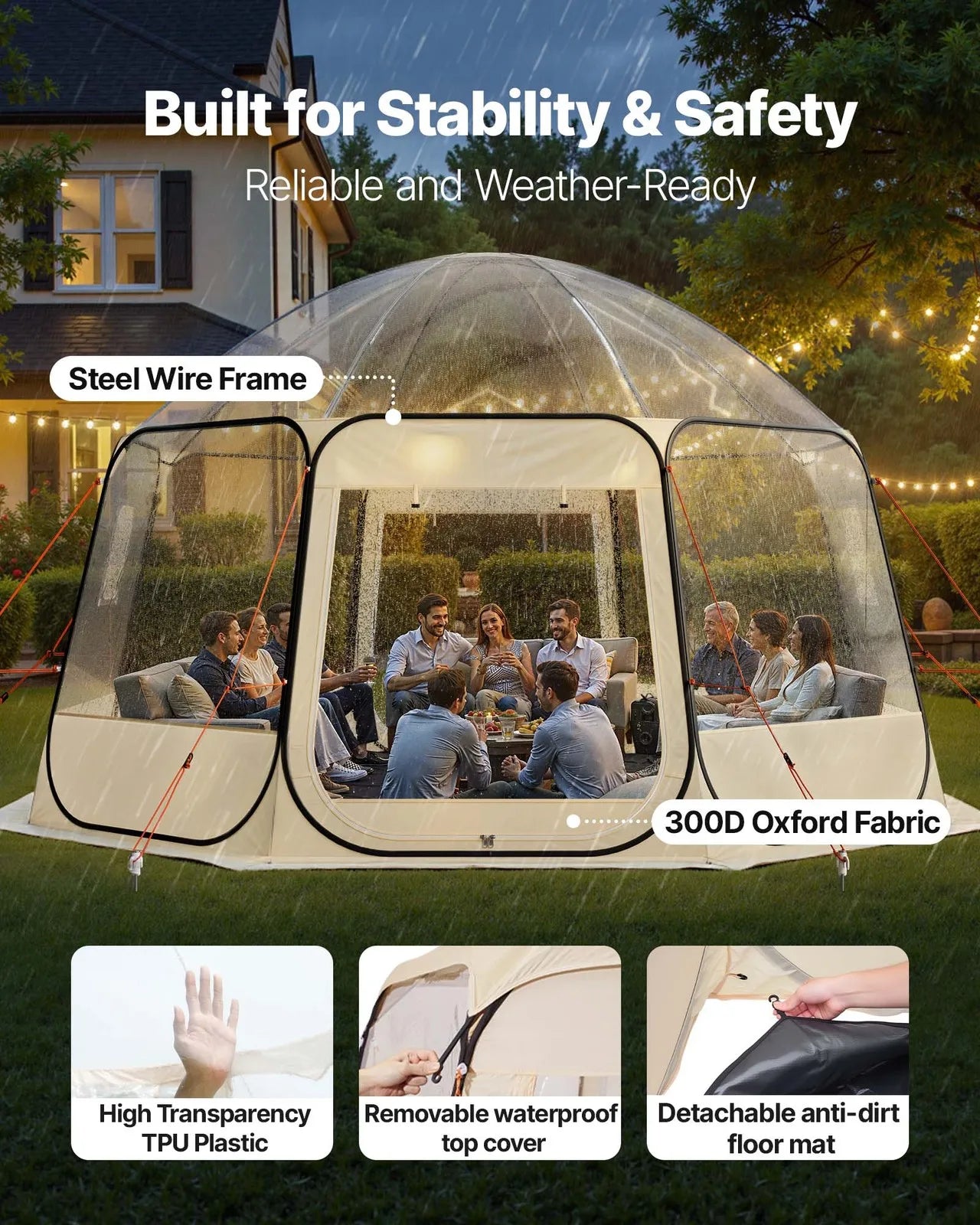 Pop Up Bubble Tent 15x138 ft Waterproof 12-15 Person Instant Outdoor Tent UV Protection Camping Tent for Family Garden